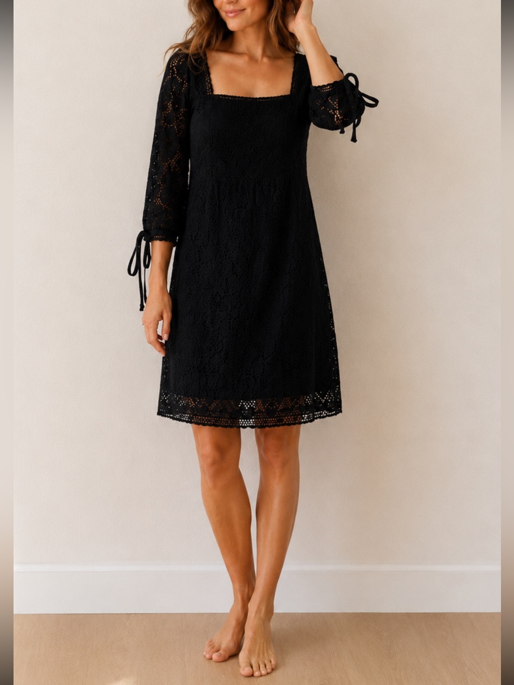 Solitaire by Ravi Khosla Black Lace Cottagecore Dress Square Neck L